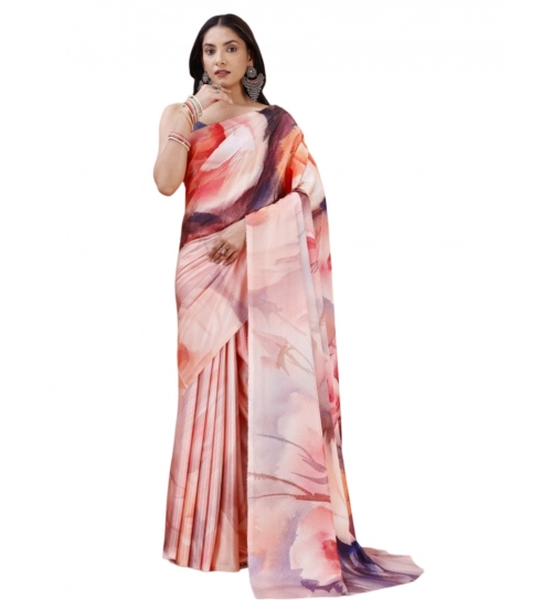Generic Women's Crepe Digital Print Saree With Unstitched Blouse 5.5Mtr (Pink)