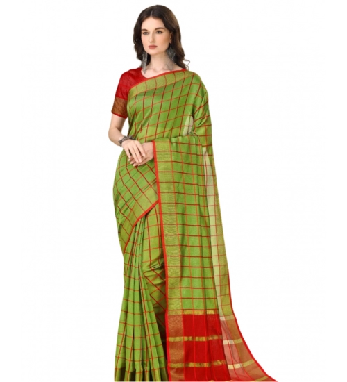 Generic Women's Cotton Silk Checkered Saree With Unstitched Blouse 5.5Mtr (Green)