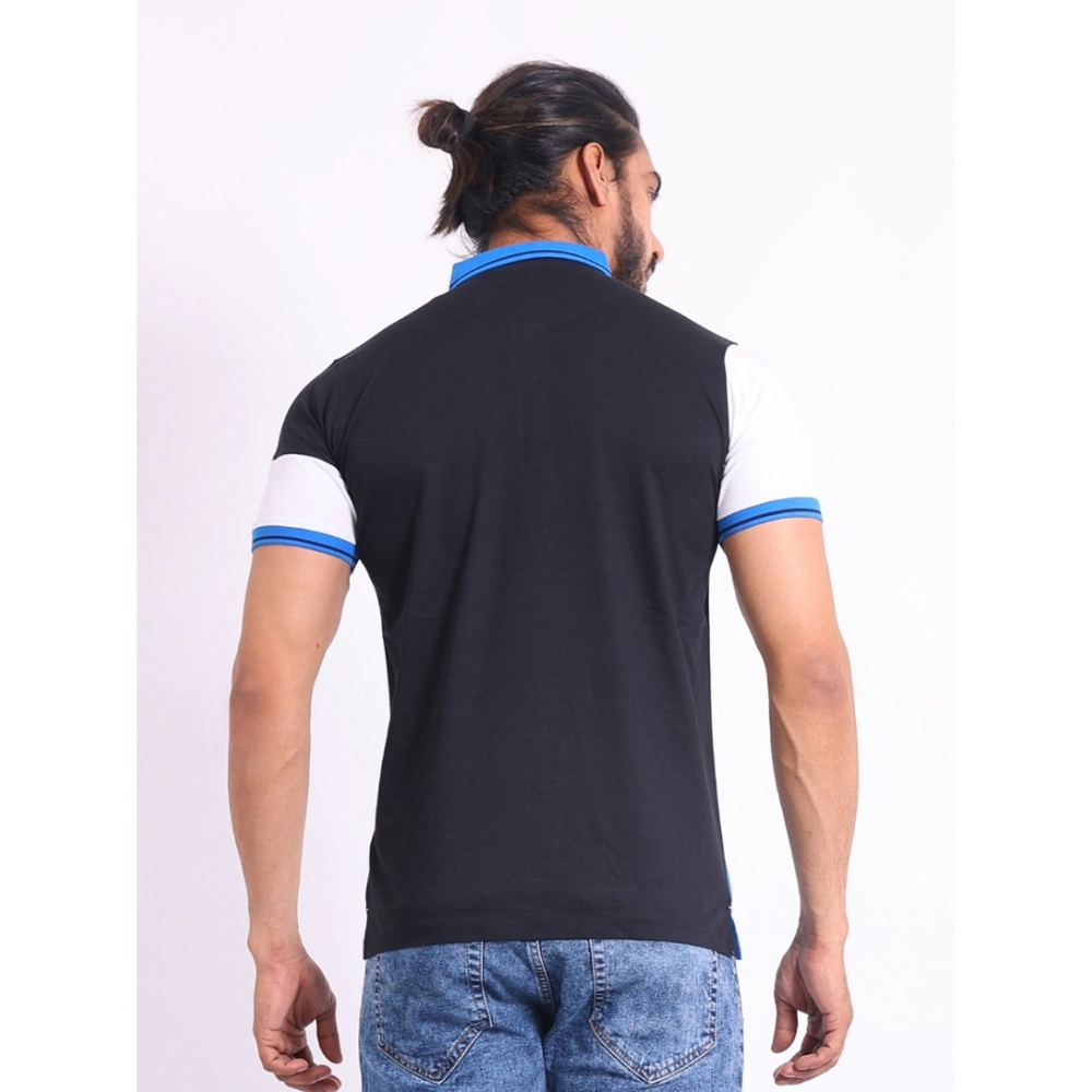 Men's Casual Cotton Printed Polo Neck Half Sleeve T-Shirt (Black)