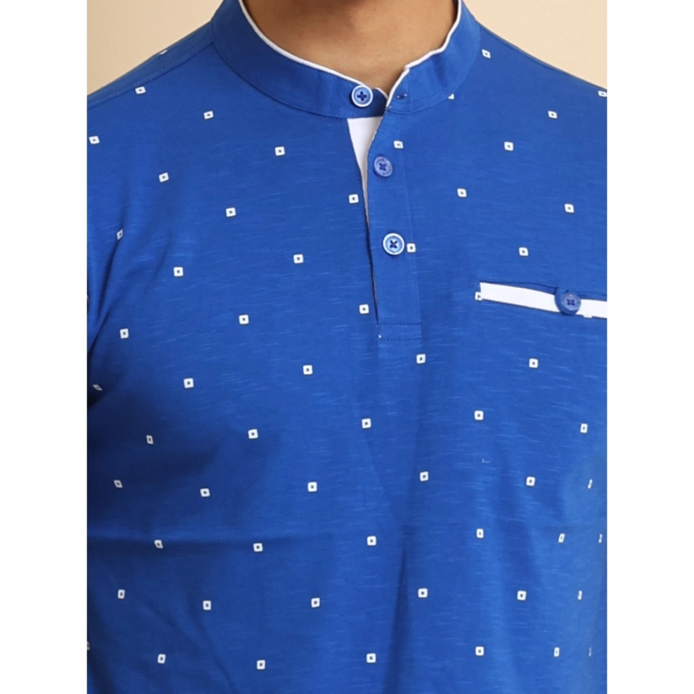 Men's Casual Cotton Printed Mandarin Collar Half Sleeve T-Shirt (Blue)