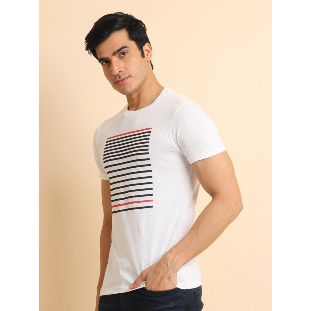 Men's Casual Cotton Printed Round Neck Half Sleeve T-Shirt (White)
