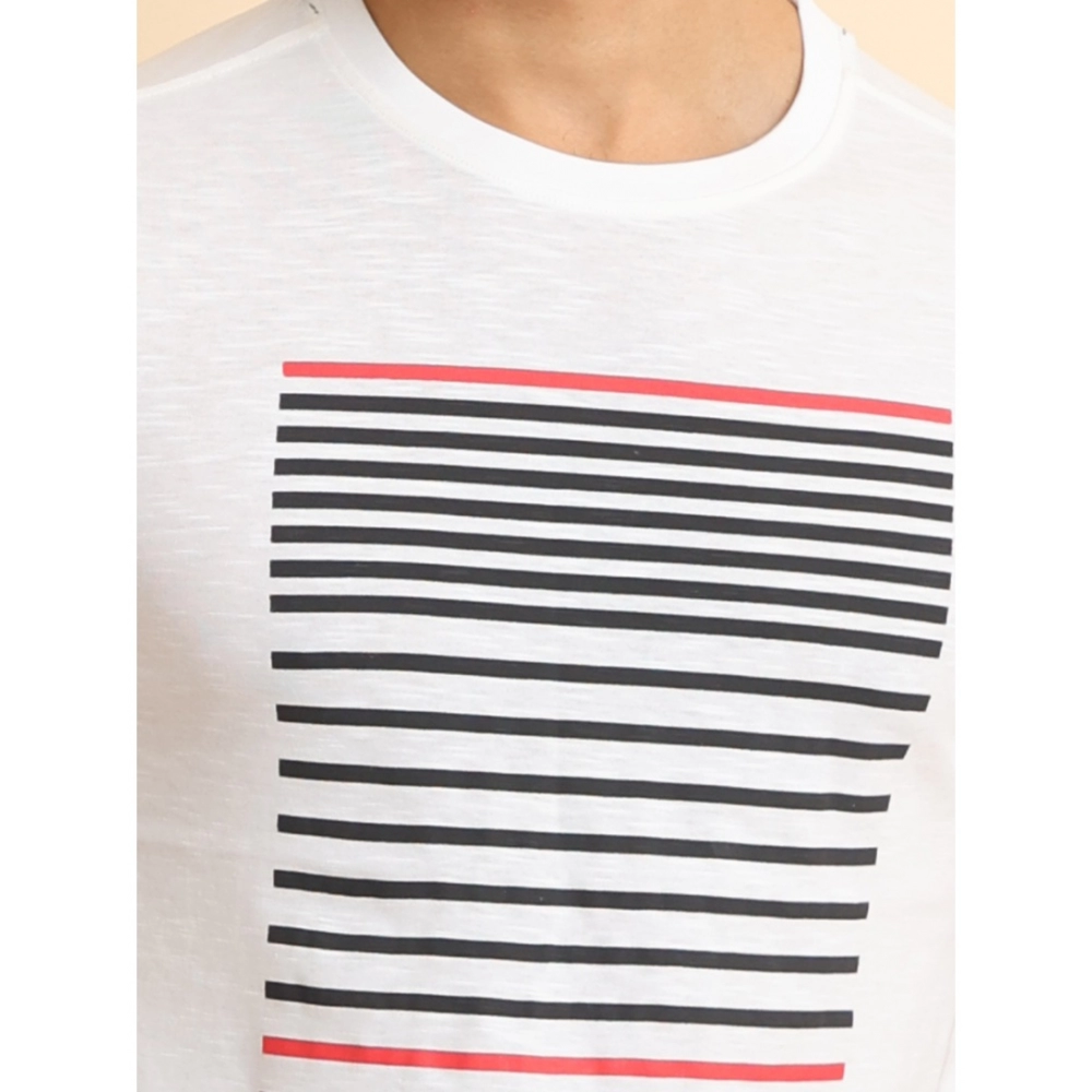 Men's Casual Cotton Printed Round Neck Half Sleeve T-Shirt (White)