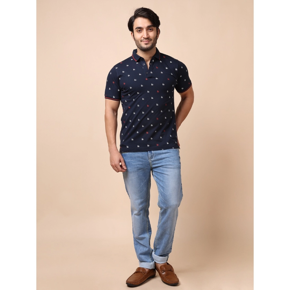 Men's Casual Cotton Printed Polo Neck Half Sleeve T-Shirt (Navy)