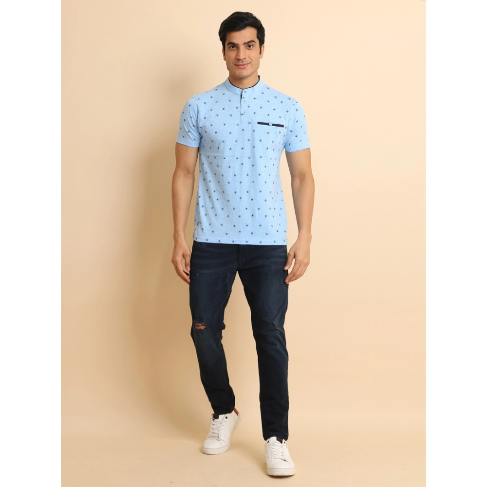 Men's Casual Cotton Printed Mandarin Collar Half Sleeve T-Shirt (Skyblue)