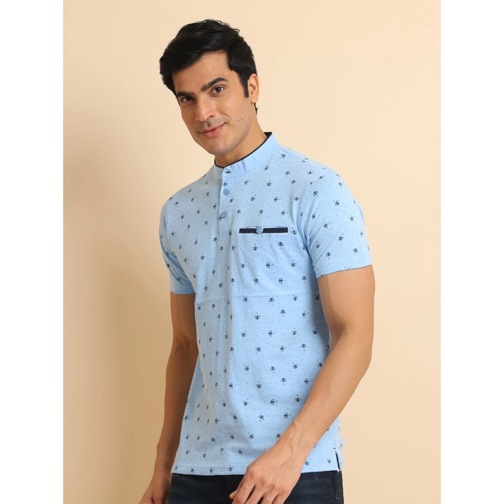 Men's Casual Cotton Printed Mandarin Collar Half Sleeve T-Shirt (Skyblue)
