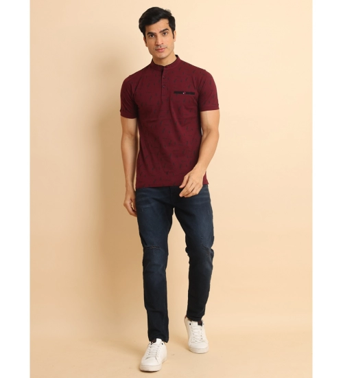 Generic Men's Casual Cotton Printed Mandarin Collar Half Sleeve T-Shirt (Plum)