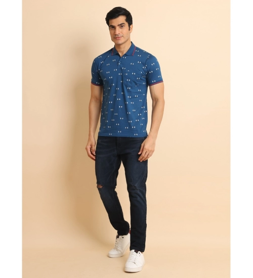 Generic Men's Casual Cotton Printed Polo Neck Half Sleeve T-Shirt (Blue)