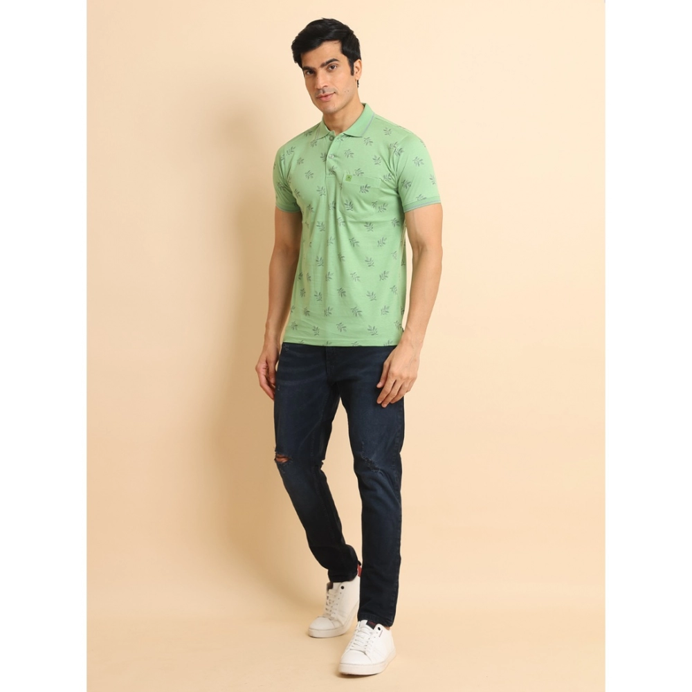 Men's Casual Cotton Printed Polo Neck Half Sleeve T-Shirt (Light Green)