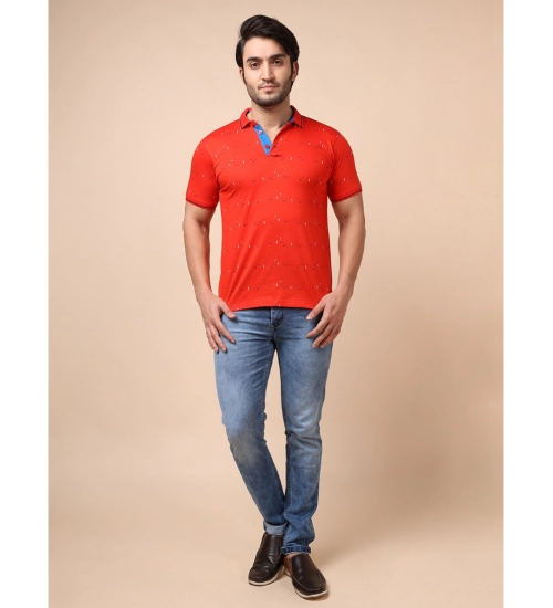 Generic Men's Casual Cotton Printed Polo Neck Half Sleeve T-Shirt (Red)