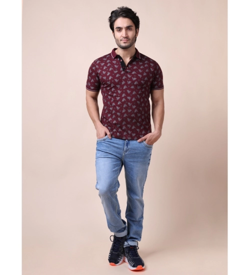 Generic Men's Casual Cotton Printed Polo Neck Half Sleeve T-Shirt (Plum)