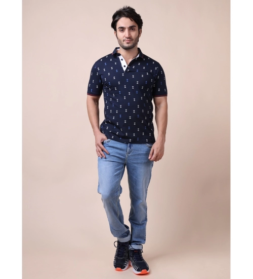 Generic Men's Casual Cotton Printed Polo Neck Half Sleeve T-Shirt (Navy)