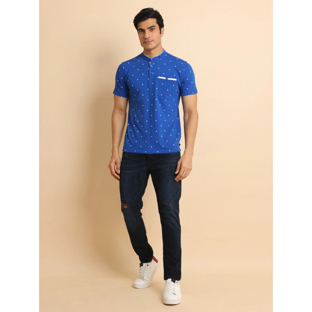 Men's Casual Cotton Printed Mandarin Collar Half Sleeve T-Shirt (Blue)