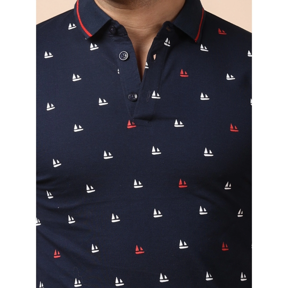 Men's Casual Cotton Printed Polo Neck Half Sleeve T-Shirt (Navy)