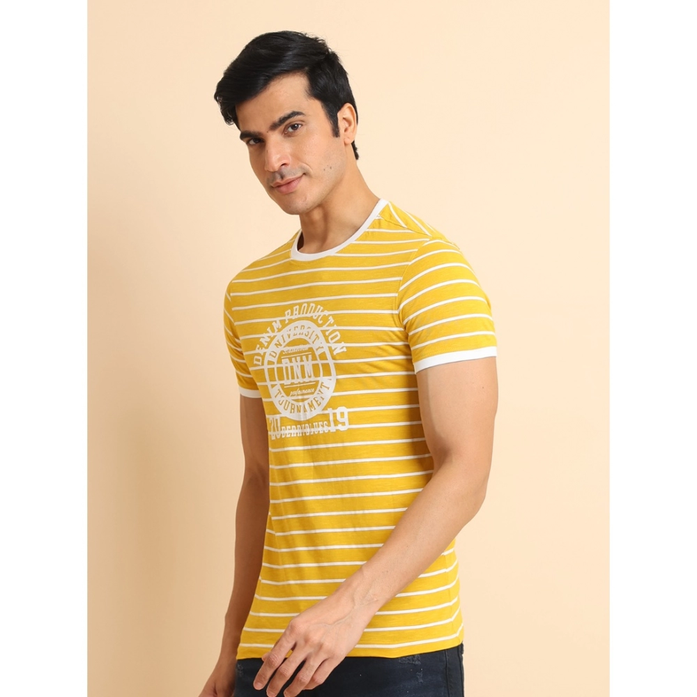 Men's Casual Cotton Printed Round Neck Half Sleeve T-Shirt (Mustard)