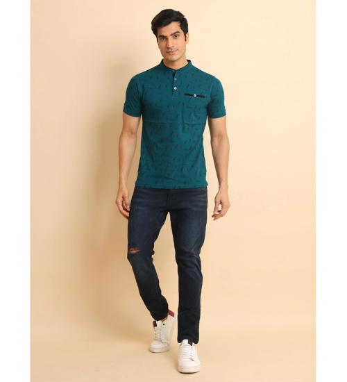 Generic Men's Casual Cotton Printed Mandarin Collar Half Sleeve T-Shirt (Green)