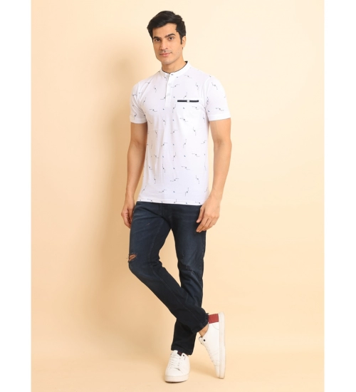 Generic Men's Casual Cotton Printed Mandarin Collar Half Sleeve T-Shirt (White)