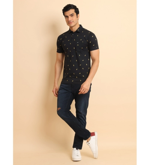 Generic Men's Casual Cotton Printed Polo Neck Half Sleeve T-Shirt (Black)