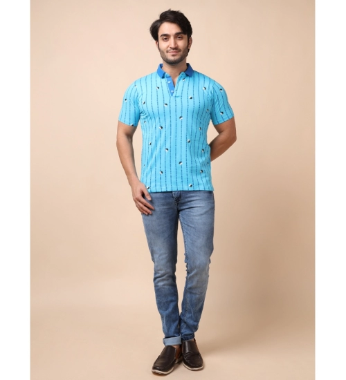 Generic Men's Casual Cotton Printed Polo Neck Half Sleeve T-Shirt (Skyblue)