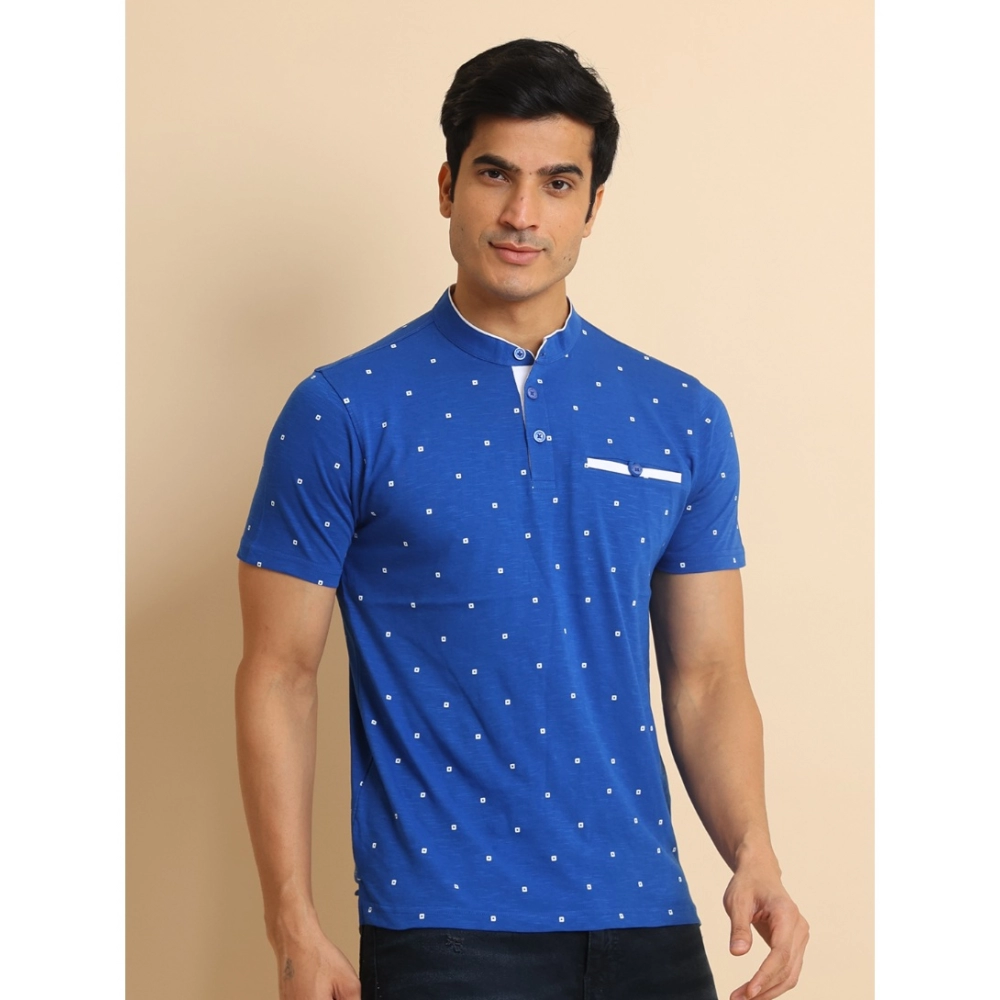 Men's Casual Cotton Printed Mandarin Collar Half Sleeve T-Shirt (Blue)