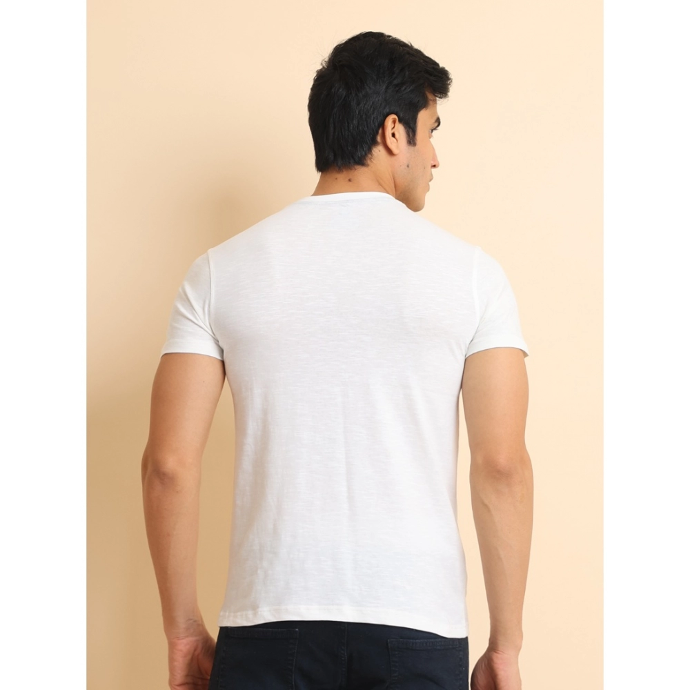 Men's Casual Cotton Printed Round Neck Half Sleeve T-Shirt (White)