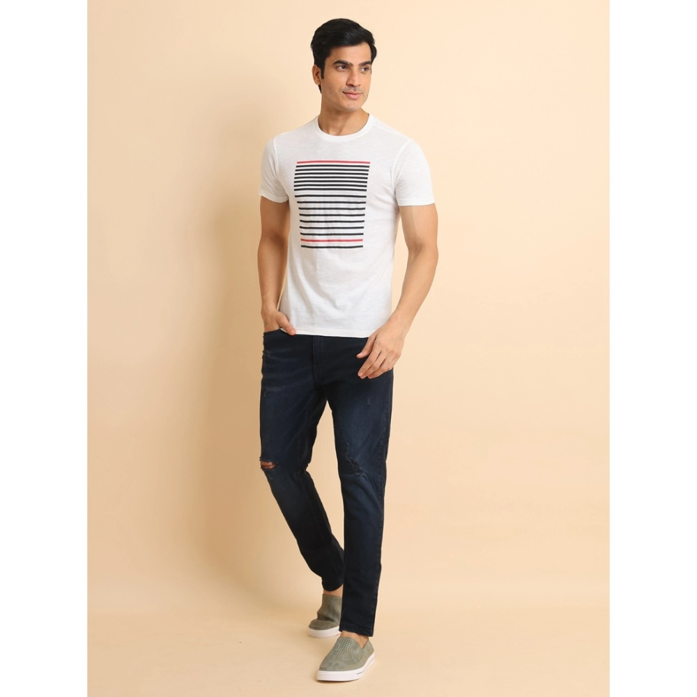 Men's Casual Cotton Printed Round Neck Half Sleeve T-Shirt (White)