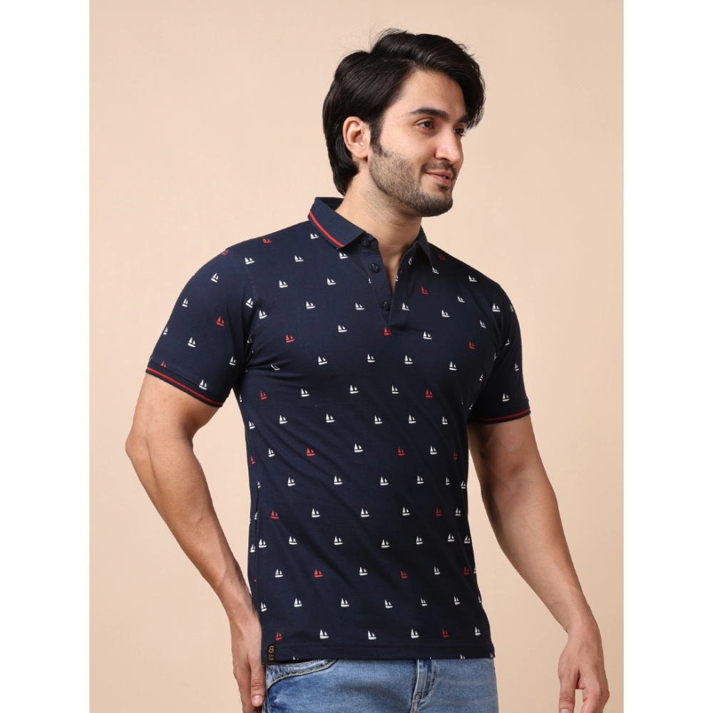 Men's Casual Cotton Printed Polo Neck Half Sleeve T-Shirt (Navy)
