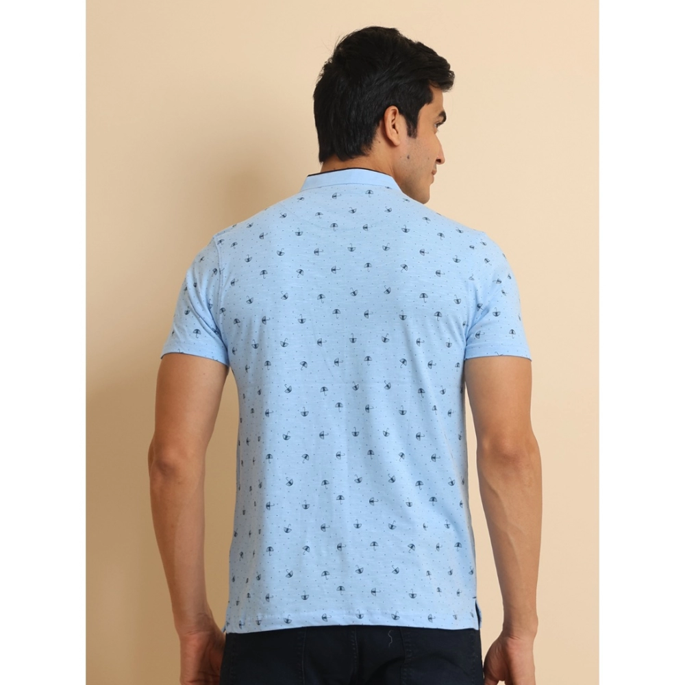 Men's Casual Cotton Printed Mandarin Collar Half Sleeve T-Shirt (Skyblue)
