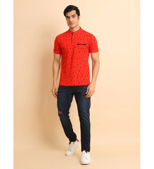 Generic Men's Casual Cotton Printed Mandarin Collar Half Sleeve T-Shirt (Red)