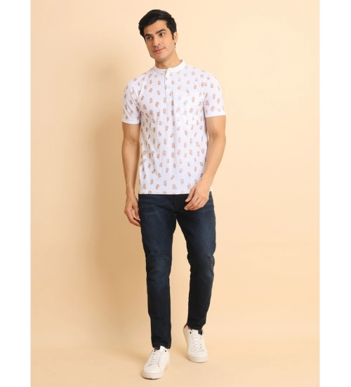 Generic Men's Casual Cotton Printed Mandarin Collar Half Sleeve T-Shirt (White)