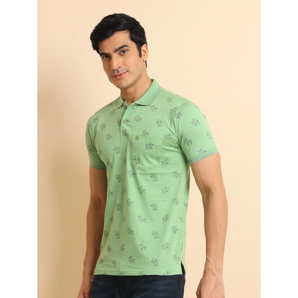 Men's Casual Cotton Printed Polo Neck Half Sleeve T-Shirt (Light Green)