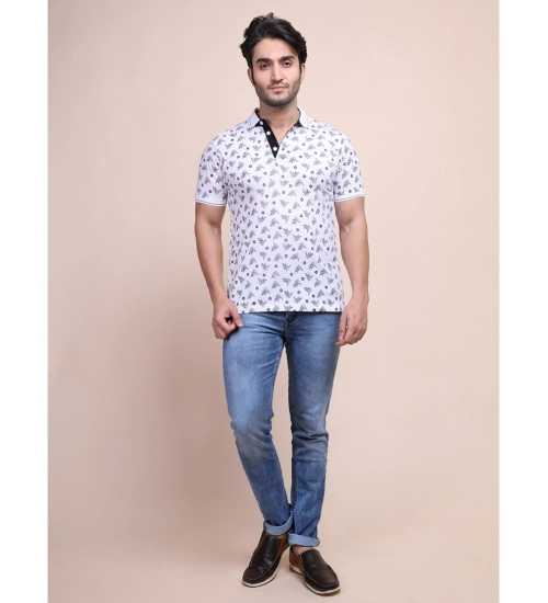 Generic Men's Casual Cotton Printed Polo Neck Half Sleeve T-Shirt (White)