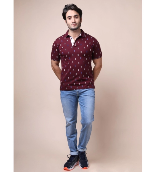 Generic Men's Casual Cotton Printed Polo Neck Half Sleeve T-Shirt (Plum)