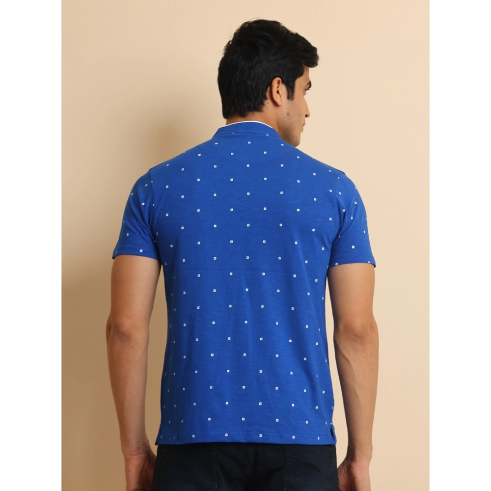 Men's Casual Cotton Printed Mandarin Collar Half Sleeve T-Shirt (Blue)