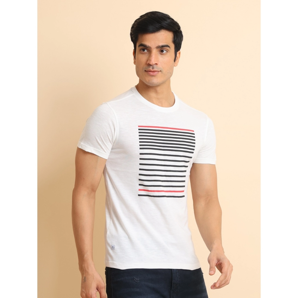Men's Casual Cotton Printed Round Neck Half Sleeve T-Shirt (White)