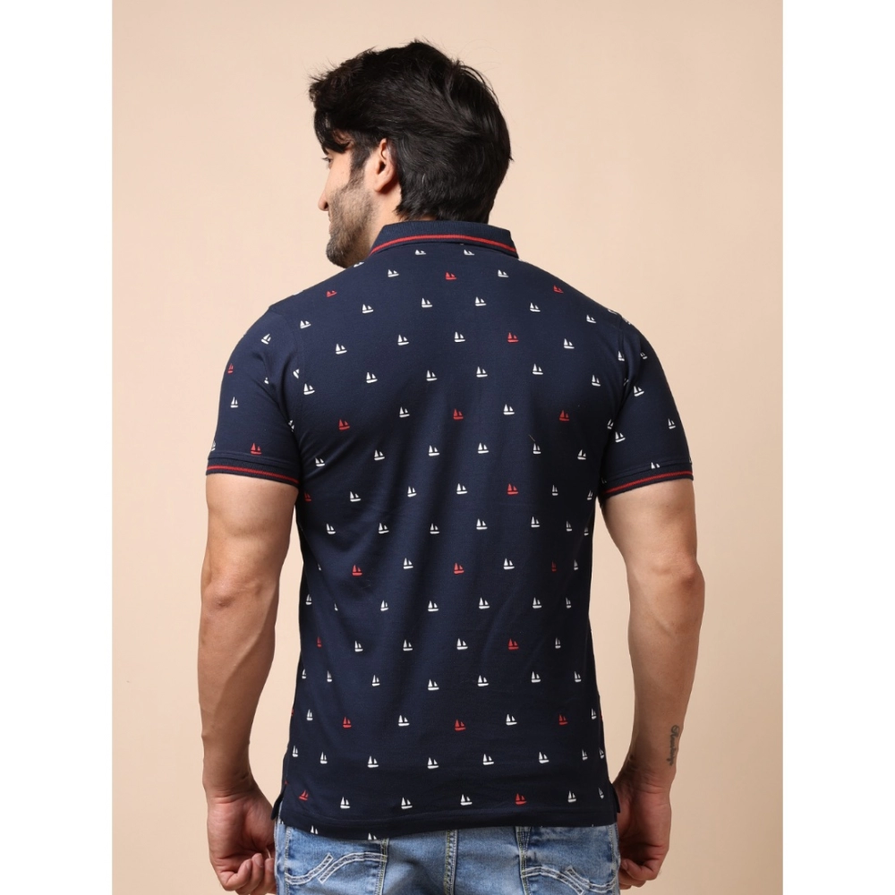Men's Casual Cotton Printed Polo Neck Half Sleeve T-Shirt (Navy)