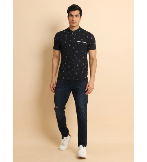 Generic Men's Casual Cotton Printed Mandarin Collar Half Sleeve T-Shirt (Black)