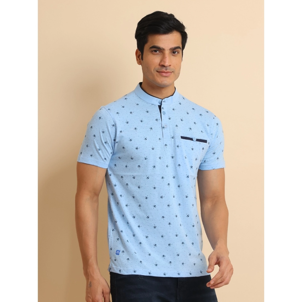 Men's Casual Cotton Printed Mandarin Collar Half Sleeve T-Shirt (Skyblue)
