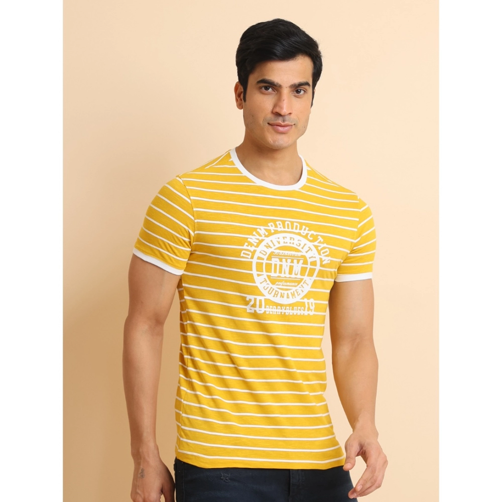 Men's Casual Cotton Printed Round Neck Half Sleeve T-Shirt (Mustard)