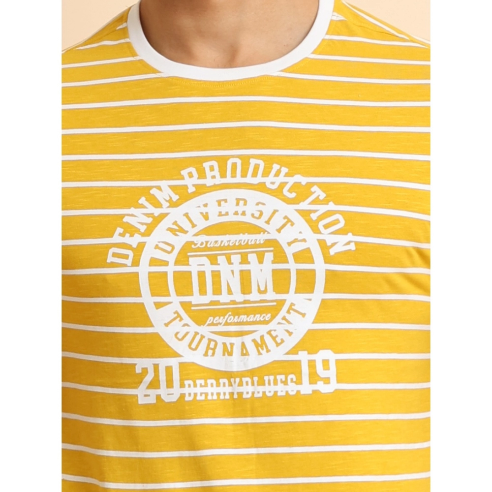 Men's Casual Cotton Printed Round Neck Half Sleeve T-Shirt (Mustard)
