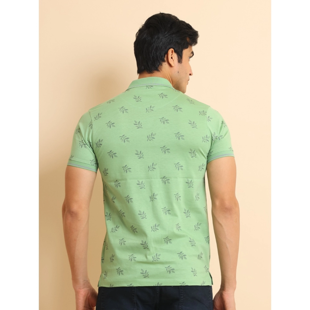 Men's Casual Cotton Printed Polo Neck Half Sleeve T-Shirt (Light Green)
