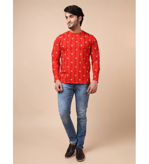 Generic Men's Casual Cotton Printed Round Neck Full Sleeve T-Shirt (Red)