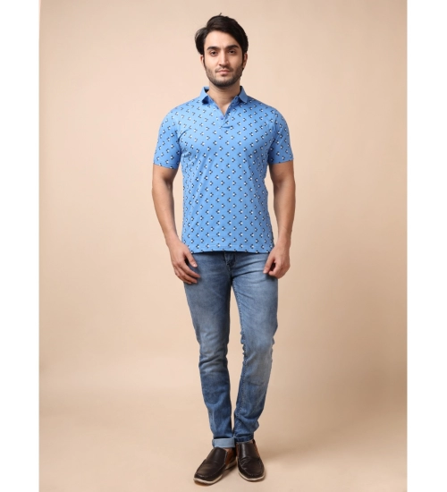 Generic Men's Casual Cotton Printed Polo Neck Half Sleeve T-Shirt (Blue)