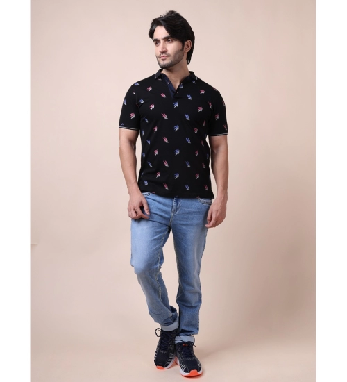 Generic Men's Casual Cotton Printed Polo Neck Half Sleeve T-Shirt (Black)