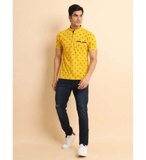 Generic Men's Casual Cotton Printed Mandarin Collar Half Sleeve T-Shirt (Mustard)
