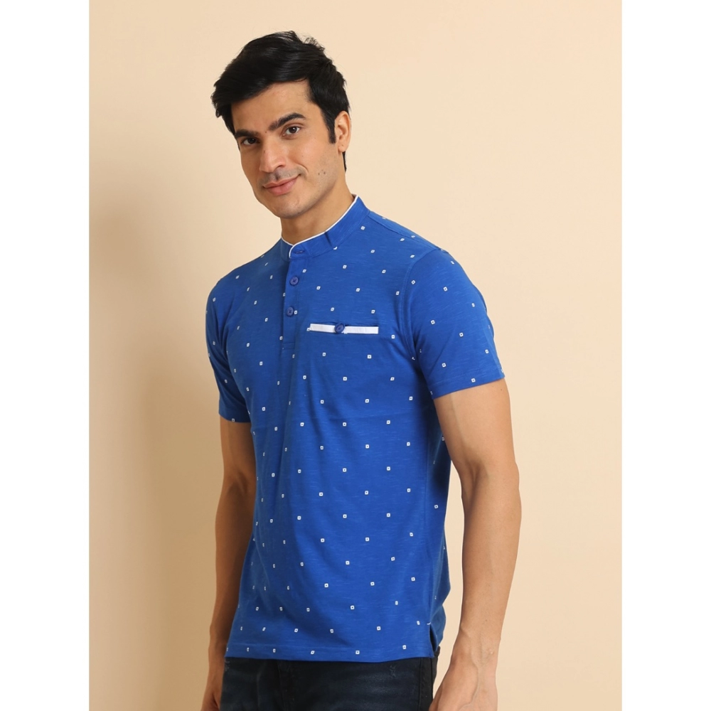Men's Casual Cotton Printed Mandarin Collar Half Sleeve T-Shirt (Blue)
