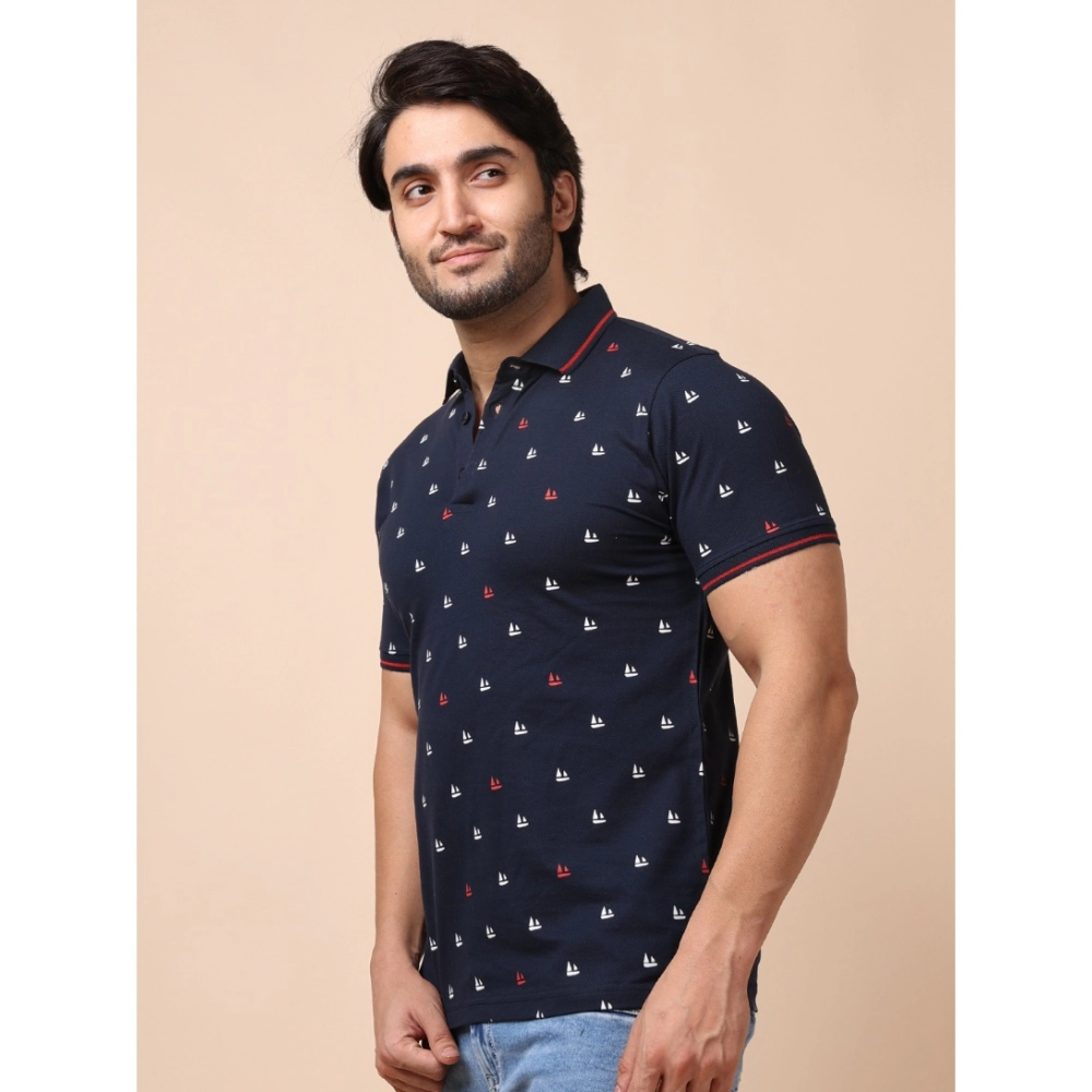 Men's Casual Cotton Printed Polo Neck Half Sleeve T-Shirt (Navy)