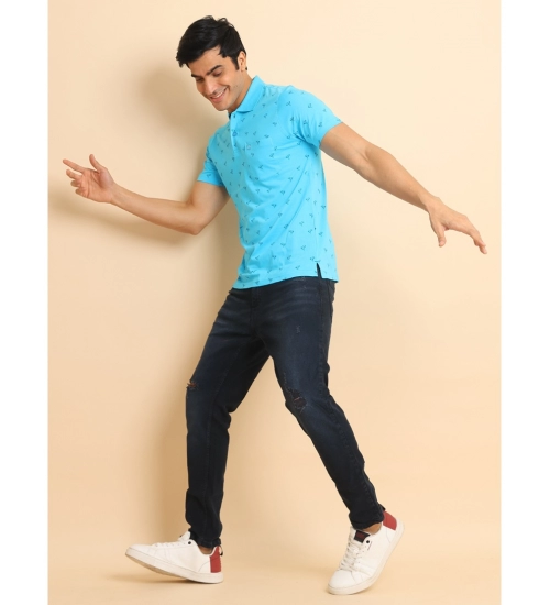Generic Men's Casual Cotton Printed Polo Neck Half Sleeve T-Shirt (Skyblue)