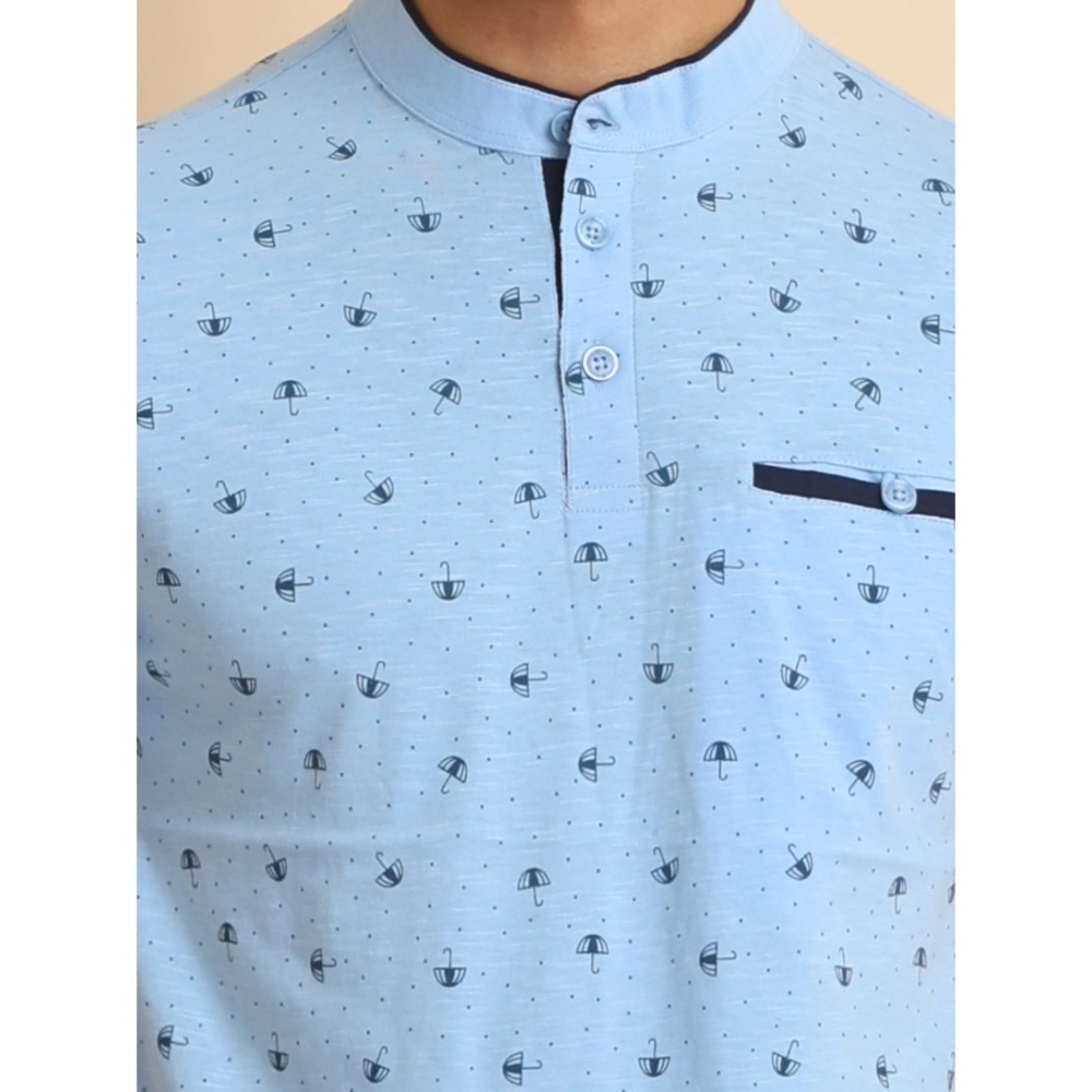 Men's Casual Cotton Printed Mandarin Collar Half Sleeve T-Shirt (Skyblue)