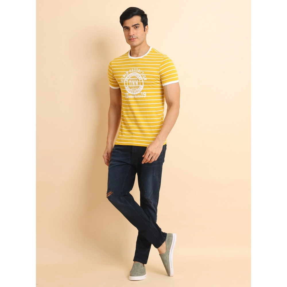 Men's Casual Cotton Printed Round Neck Half Sleeve T-Shirt (Mustard)