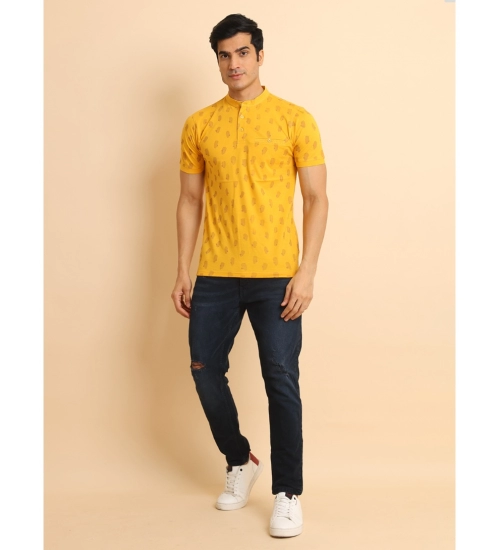 Generic Men's Casual Cotton Printed Mandarin Collar Half Sleeve T-Shirt (Mustard)
